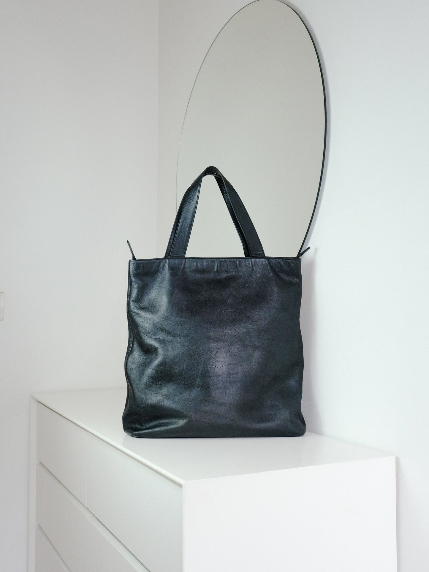Chanel Vintage Black Leather Embossed CC Tote Shoulder Bag