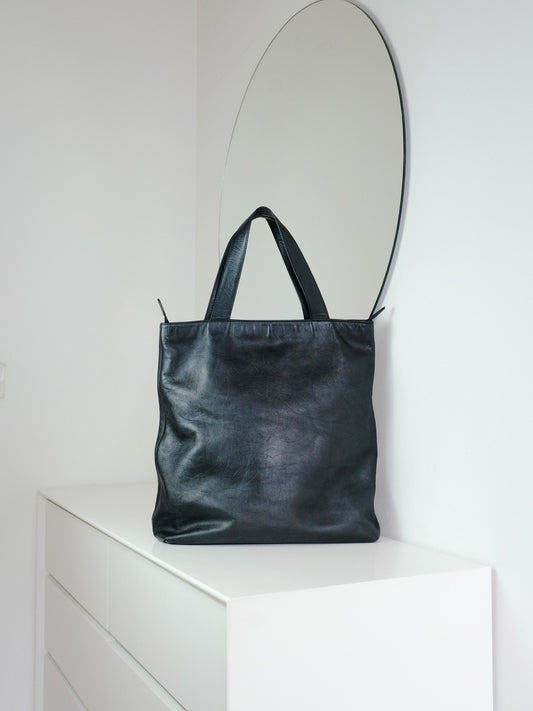 Chanel Vintage Black Leather Embossed CC Tote Shoulder Bag
