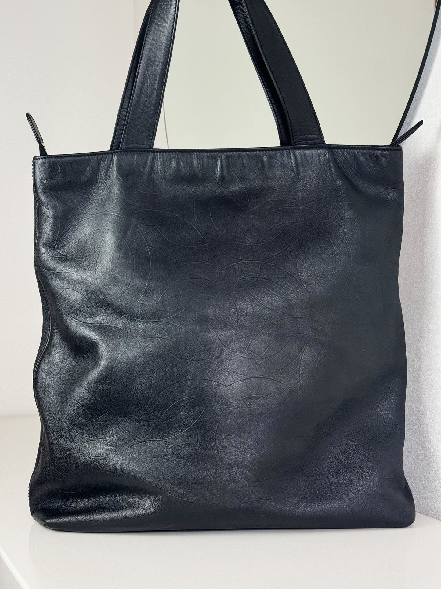 Chanel Vintage Black Leather Embossed CC Tote Shoulder Bag
