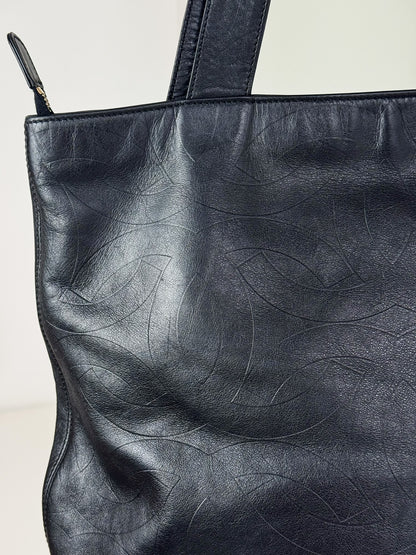 Chanel Vintage Black Leather Embossed CC Tote Shoulder Bag