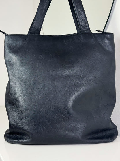 Chanel Vintage Black Leather Embossed CC Tote Shoulder Bag