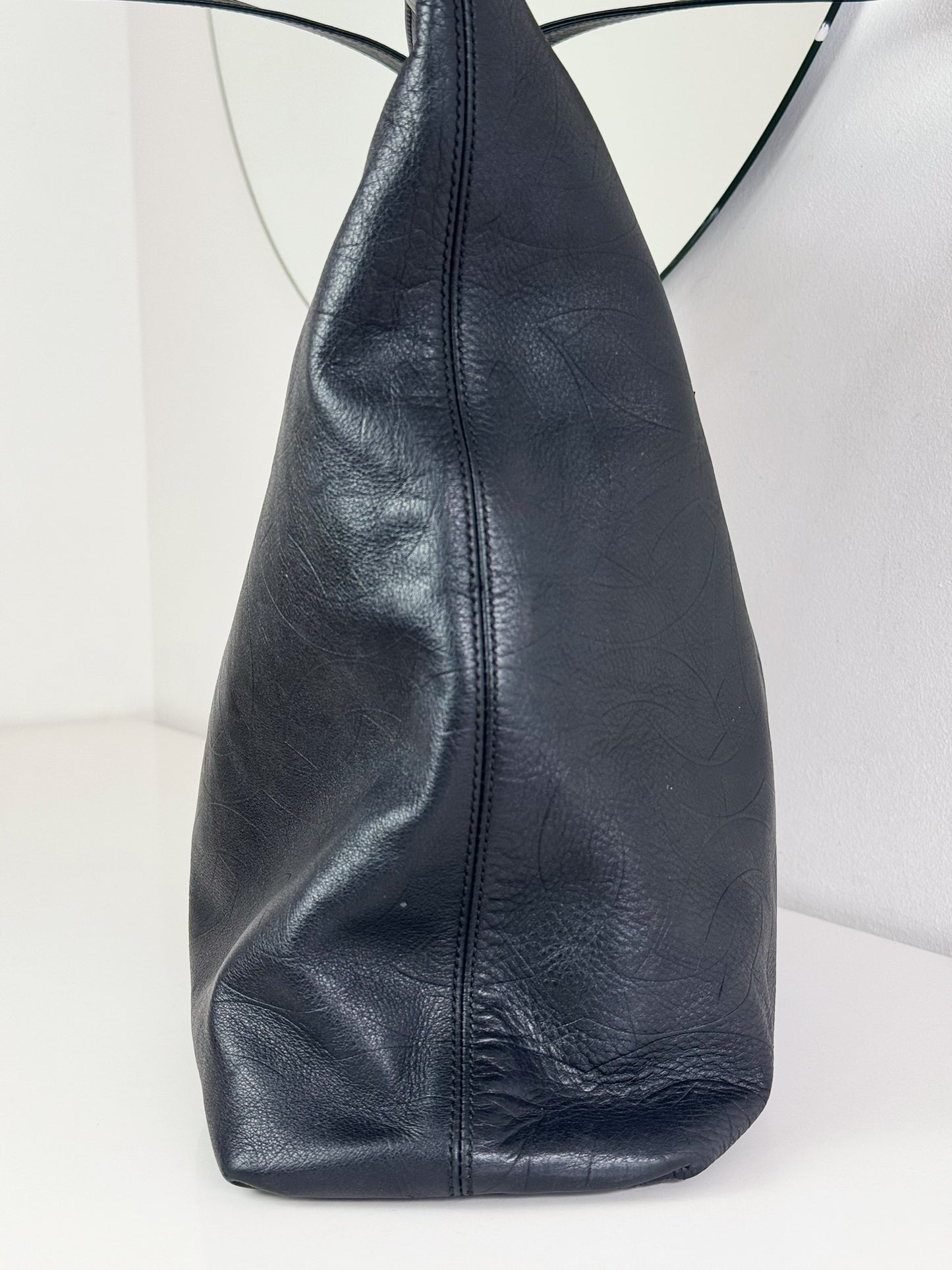 Chanel Vintage Black Leather Embossed CC Tote Shoulder Bag