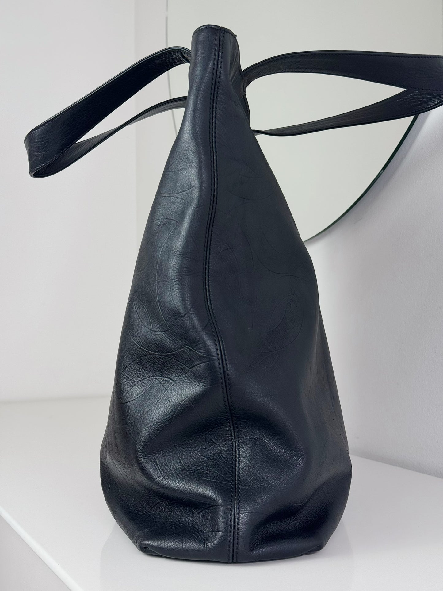 Chanel Vintage Black Leather Embossed CC Tote Shoulder Bag