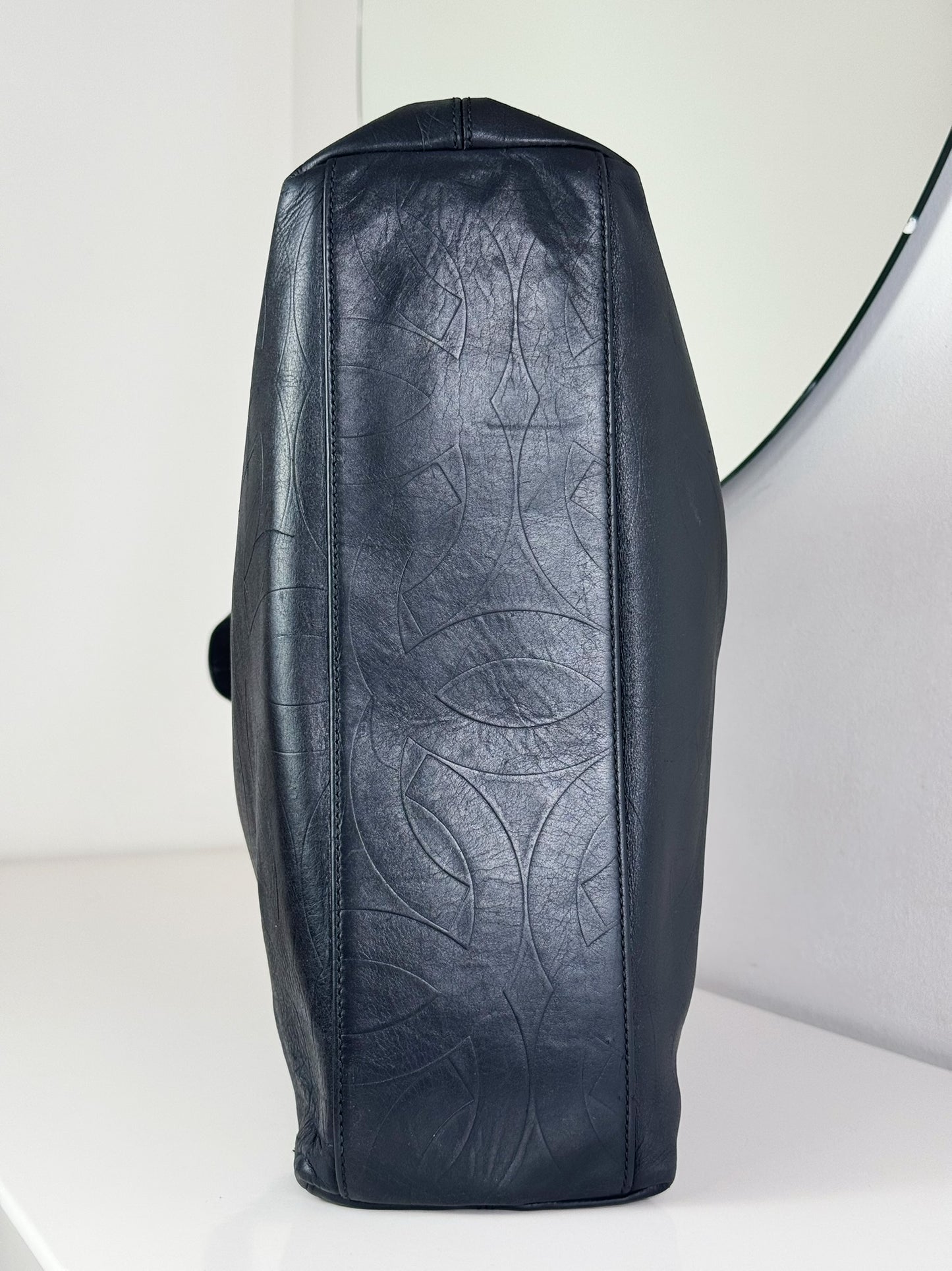 Chanel Vintage Black Leather Embossed CC Tote Shoulder Bag