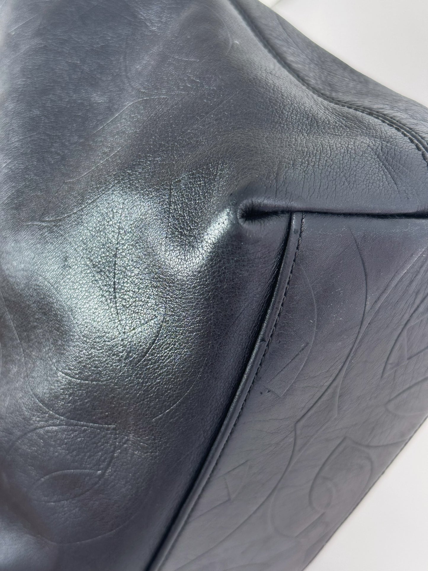 Chanel Vintage Black Leather Embossed CC Tote Shoulder Bag