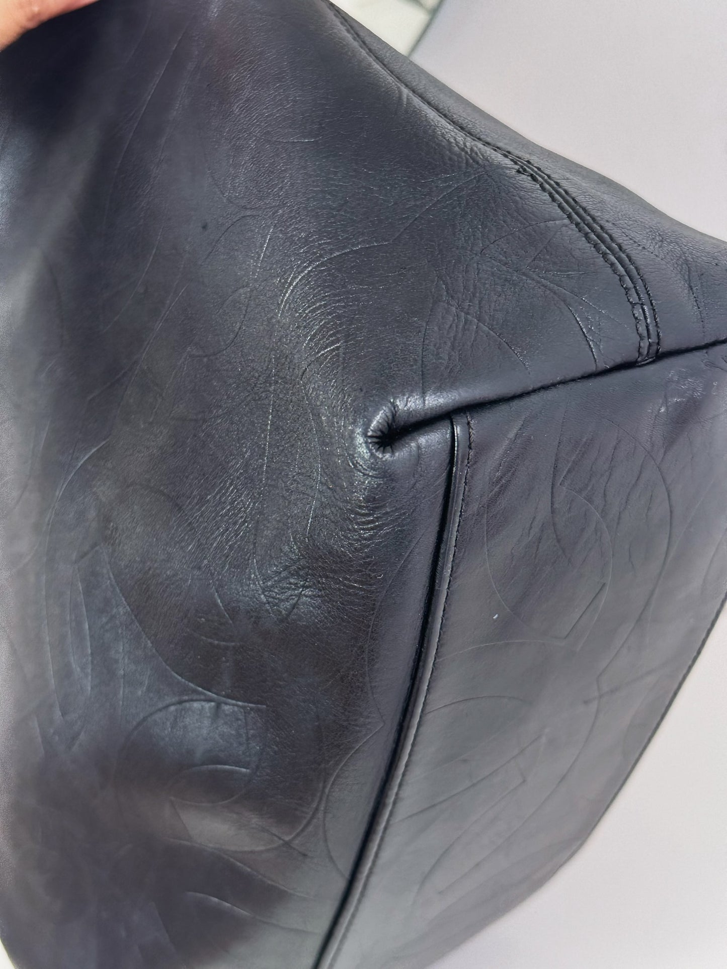 Chanel Vintage Black Leather Embossed CC Tote Shoulder Bag