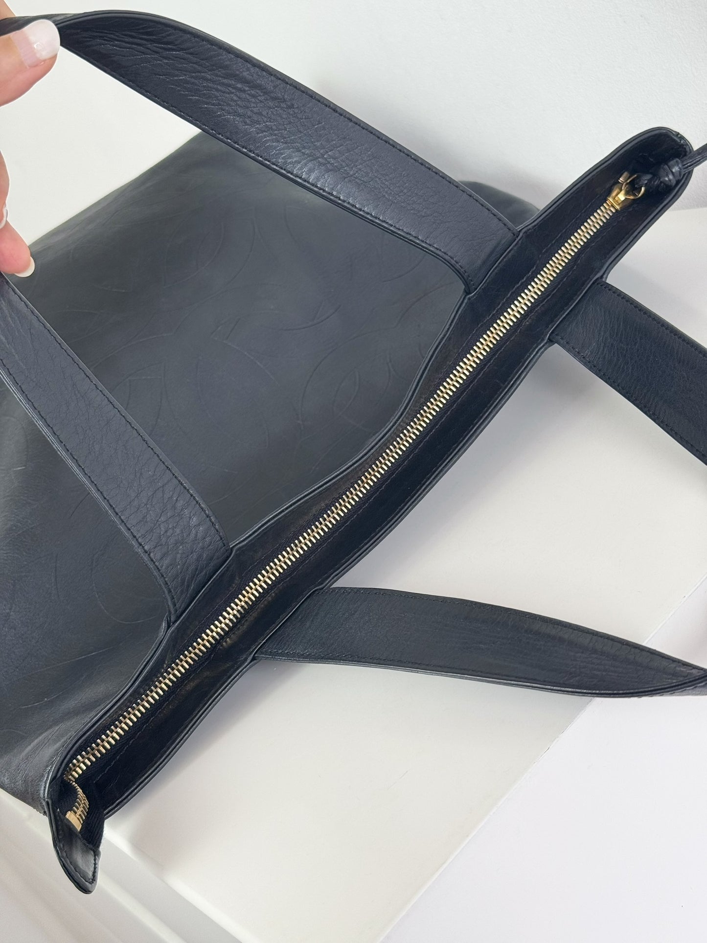 Chanel Vintage Black Leather Embossed CC Tote Shoulder Bag