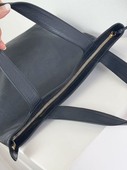Chanel Vintage Black Leather Embossed CC Tote Shoulder Bag