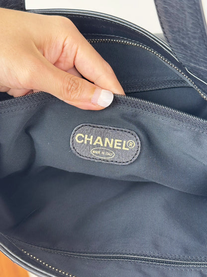 Chanel Vintage Black Leather Embossed CC Tote Shoulder Bag