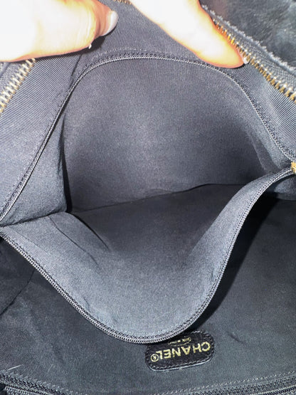 Chanel Vintage Black Leather Embossed CC Tote Shoulder Bag