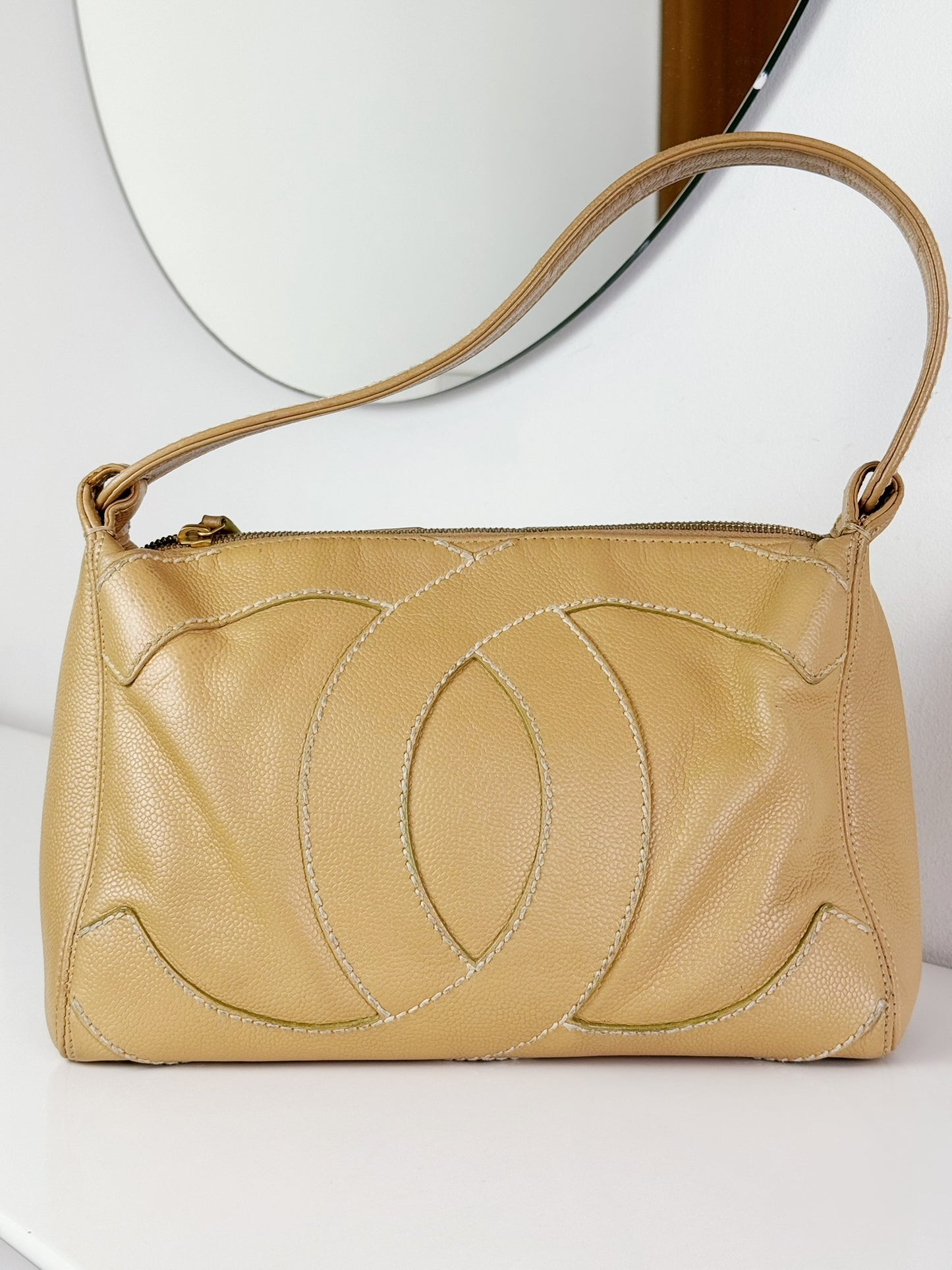 Chanel Vintage Beige Caviar Shoulder Bag