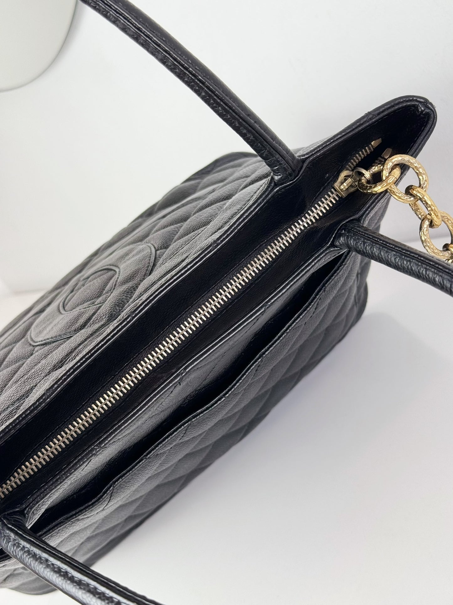Chanel Vintage Caviar Medallion Gold Tote Handbag Shoulder Bag