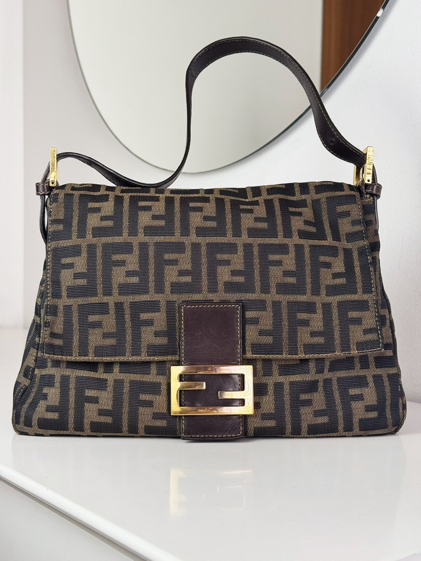 Fendi Vintage Zucca Mamma Gold Baguette Shoulder Bag