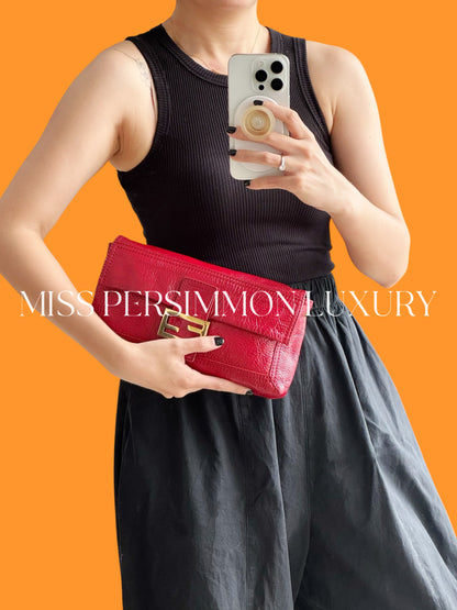 Fendi Vintage Red Leather Convertible Baguette Crossbody Bag