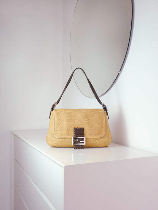 Fendi Vintage Raffia Mamma Baguette Shoulder Bag