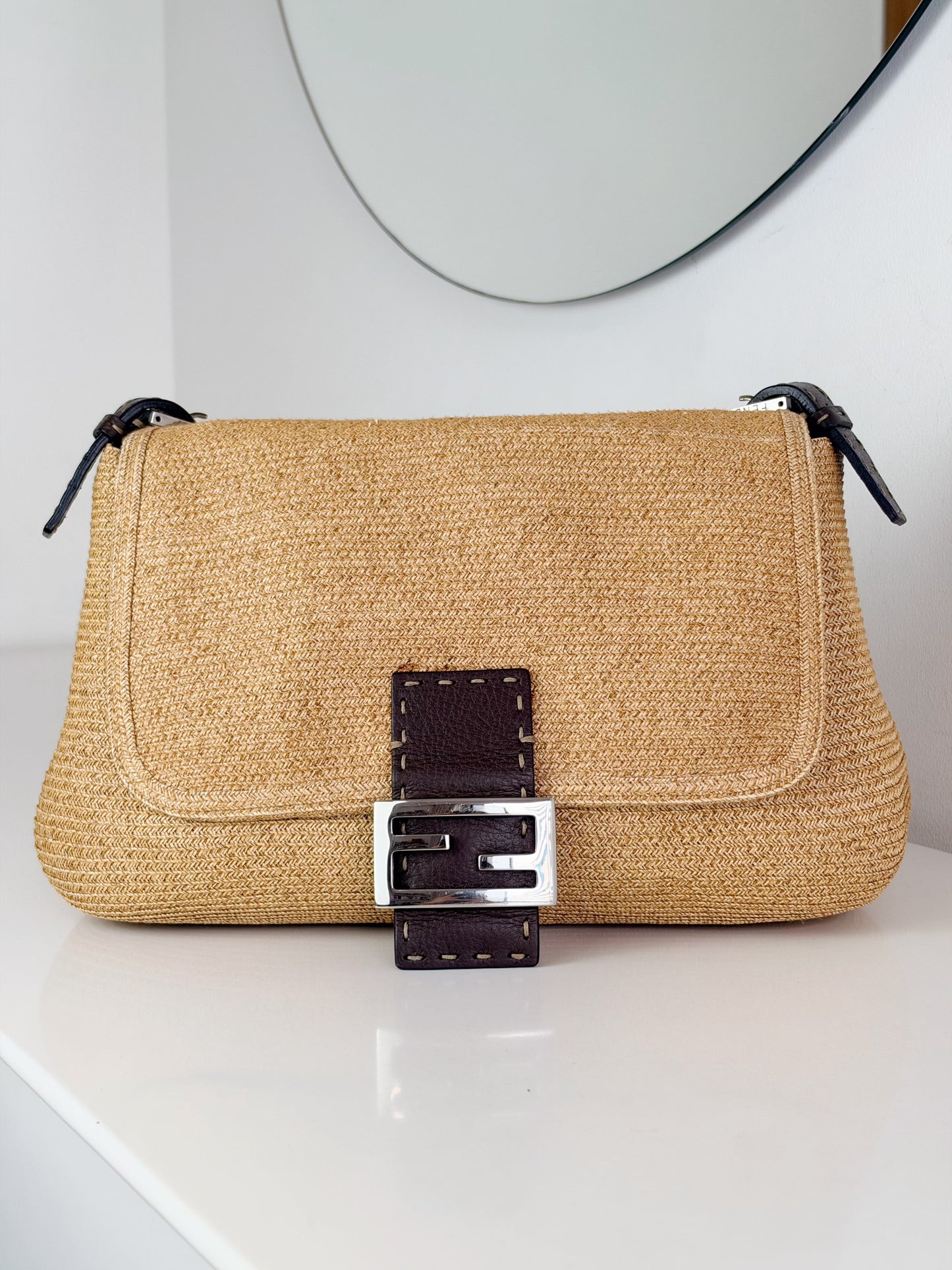 Fendi Vintage Raffia Mamma Baguette Shoulder Bag
