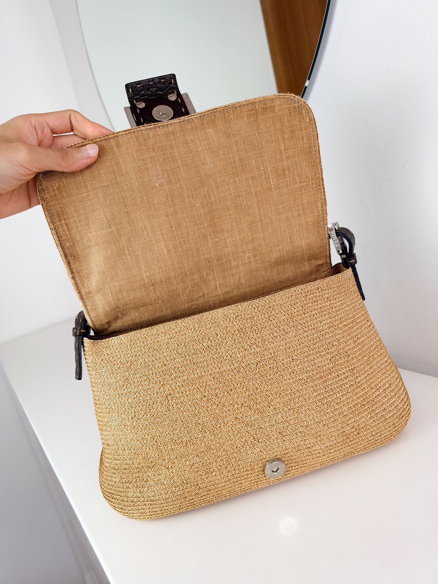 Fendi Vintage Raffia Mamma Baguette Shoulder Bag