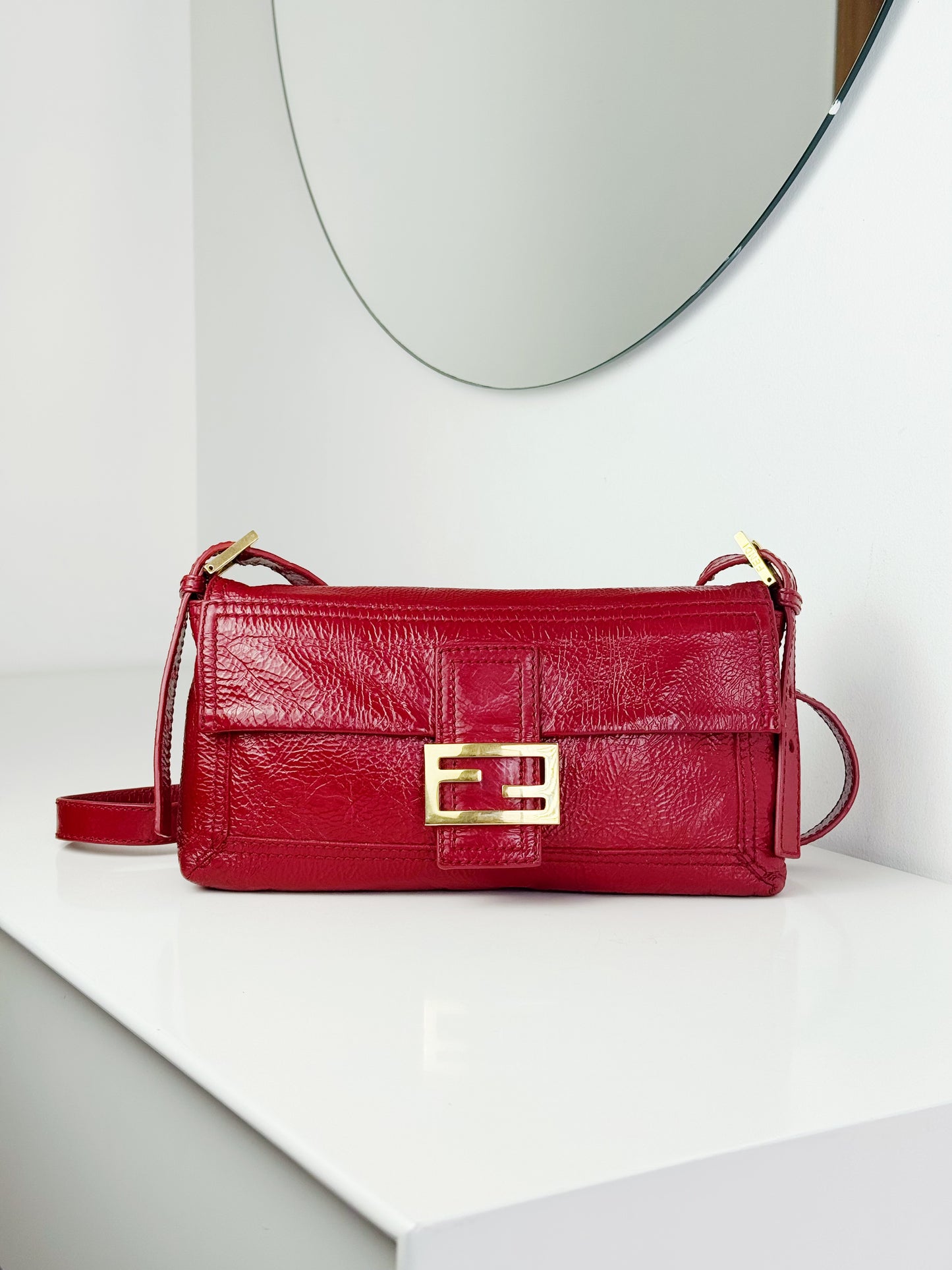Fendi Vintage Red Leather Convertible Baguette Crossbody Bag