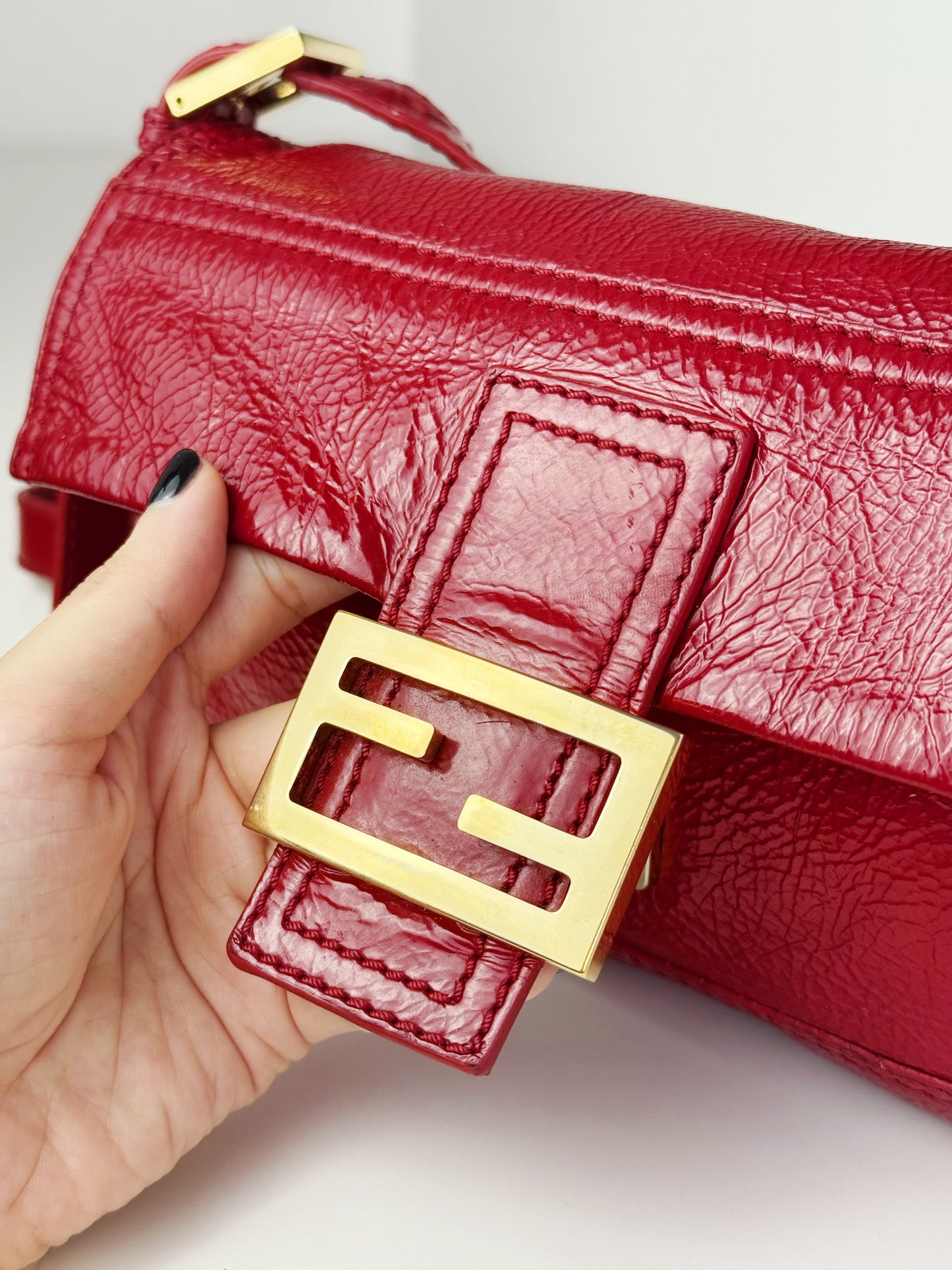 Fendi Vintage Red Leather Convertible Baguette Crossbody Bag