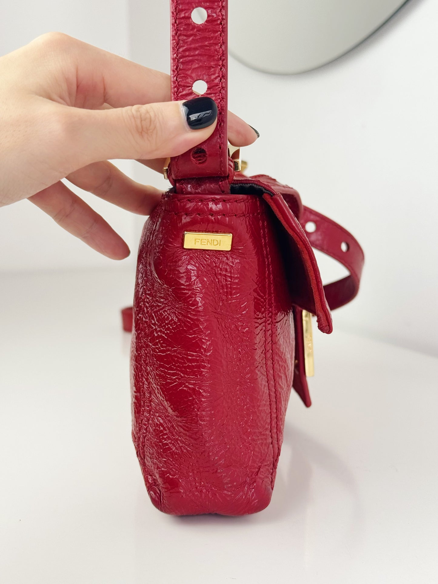 Fendi Vintage Red Leather Convertible Baguette Crossbody Bag