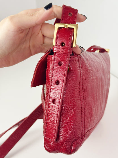 Fendi Vintage Red Leather Convertible Baguette Crossbody Bag
