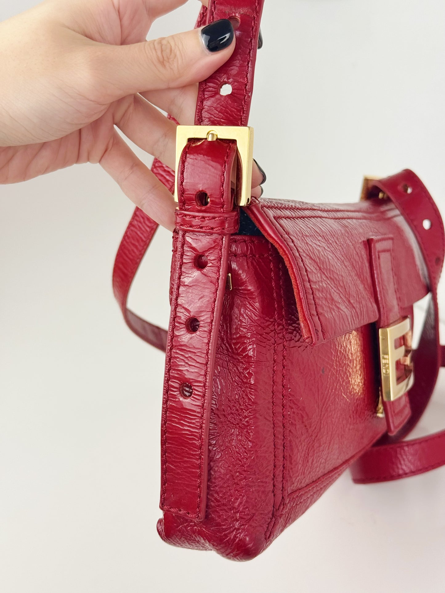 Fendi Vintage Red Leather Convertible Baguette Crossbody Bag