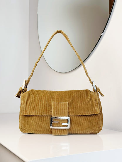 Fendi Vintage Brown Corduroy Baguette Shoulder Bag