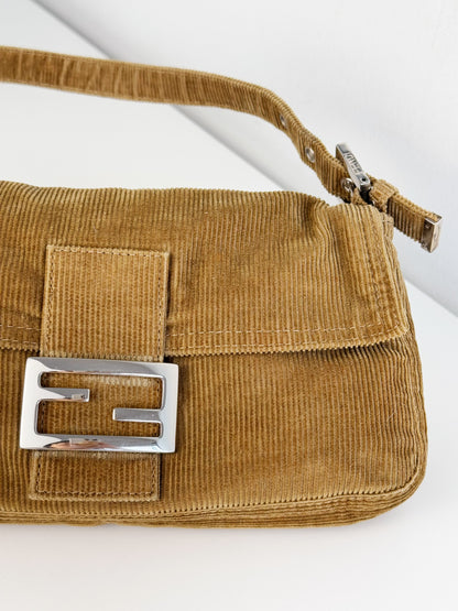 Fendi Vintage Brown Corduroy Baguette Shoulder Bag