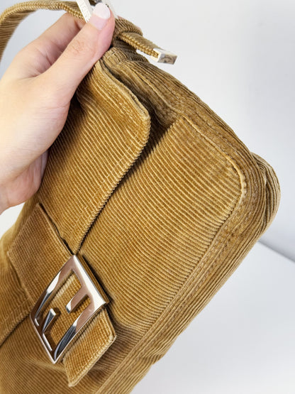 Fendi Vintage Brown Corduroy Baguette Shoulder Bag