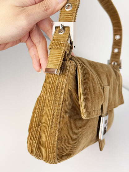 Fendi Vintage Brown Corduroy Baguette Shoulder Bag
