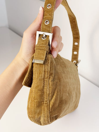 Fendi Vintage Brown Corduroy Baguette Shoulder Bag
