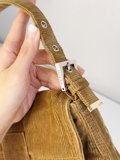Fendi Vintage Brown Corduroy Baguette Shoulder Bag