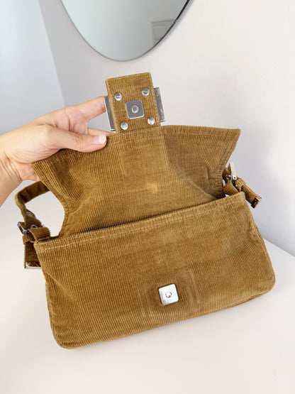 Fendi Vintage Brown Corduroy Baguette Shoulder Bag