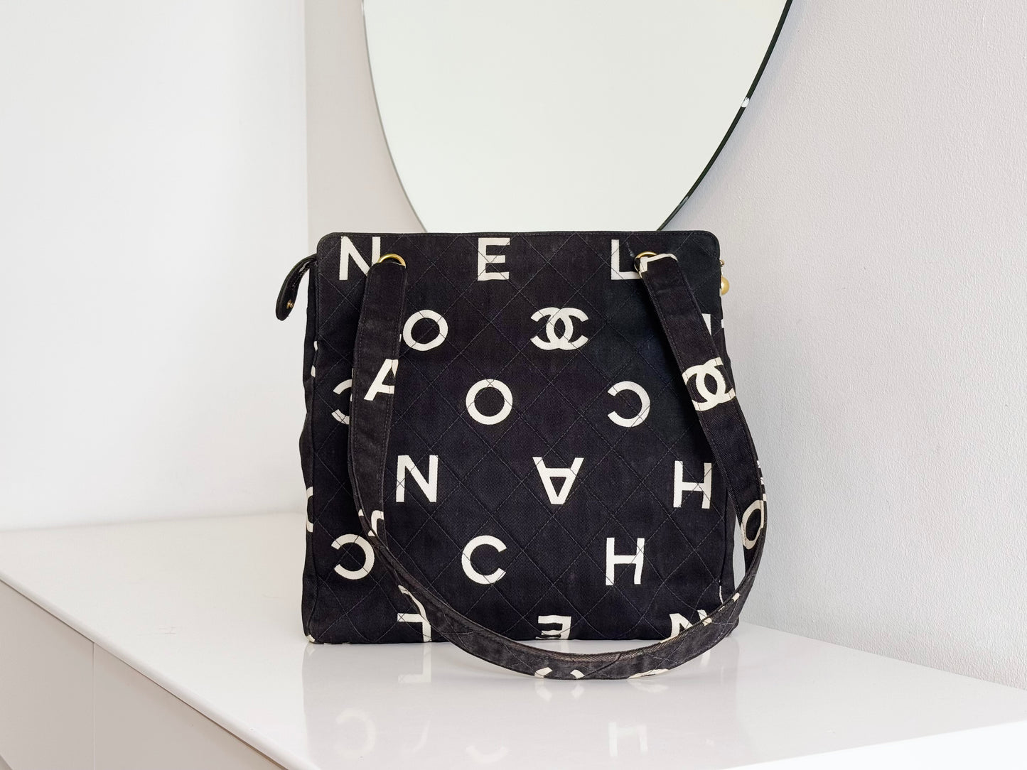 Chanel Vintage Alphabet Cloth Tote Shoulder Bag