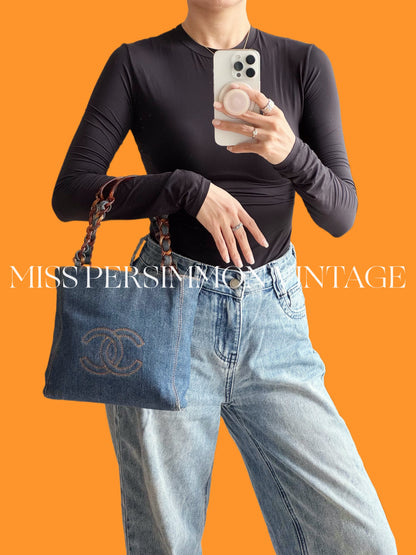 Chanel Vintage Tortoise Shell Plastic Denim Coco Mark Shoulder Tote Bag