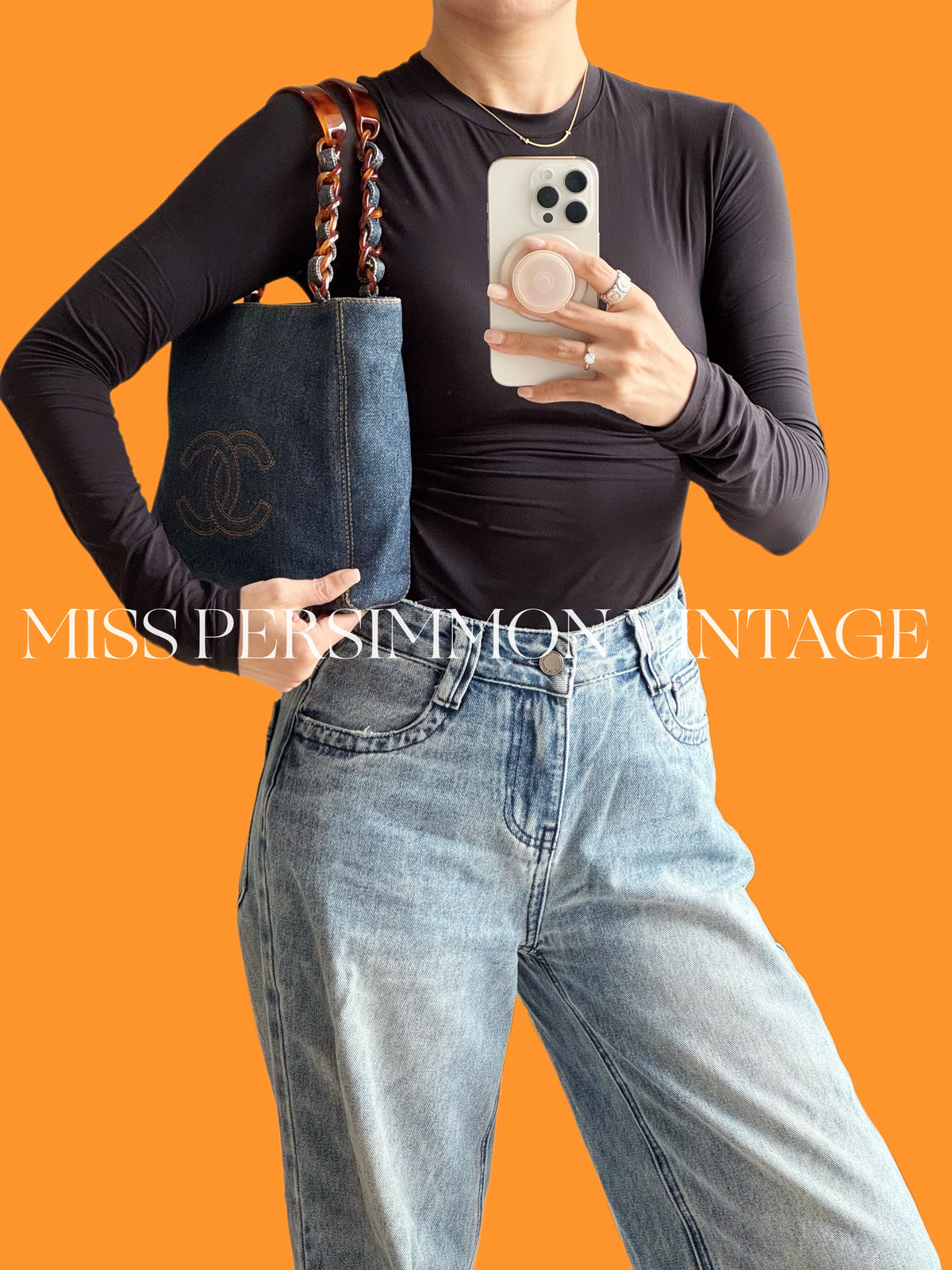 Chanel Vintage Tortoise Shell Plastic Denim Coco Mark Shoulder Tote Bag