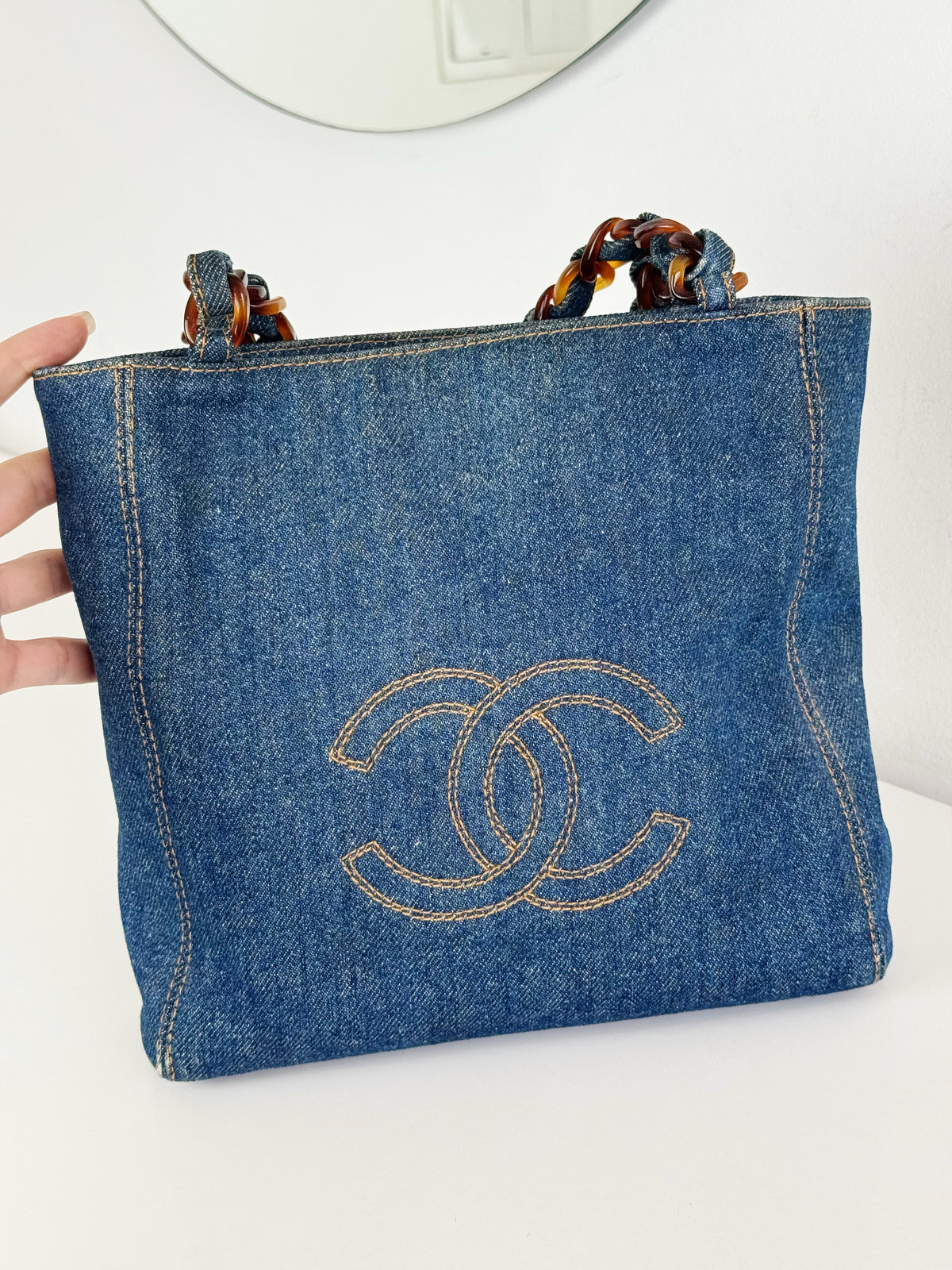 Chanel Vintage Tortoise Shell Plastic Denim Coco Mark Shoulder Tote Bag