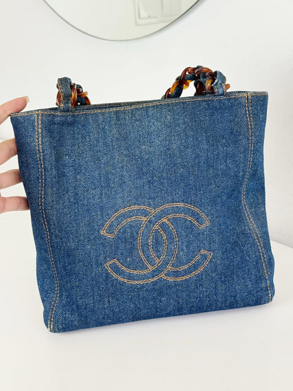 Chanel Vintage Tortoise Shell Plastic Denim Coco Mark Shoulder Tote Bag