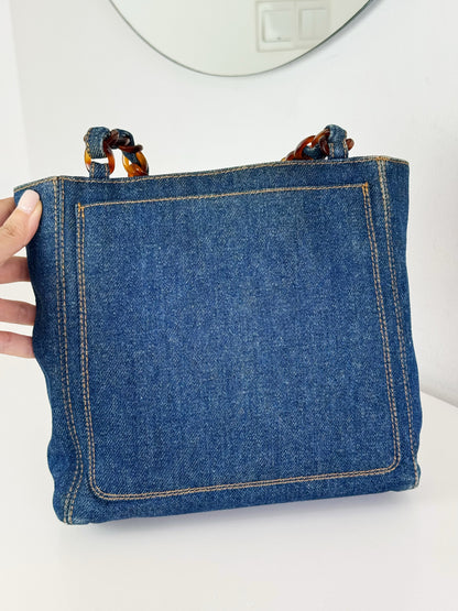 Chanel Vintage Tortoise Shell Plastic Denim Coco Mark Shoulder Tote Bag