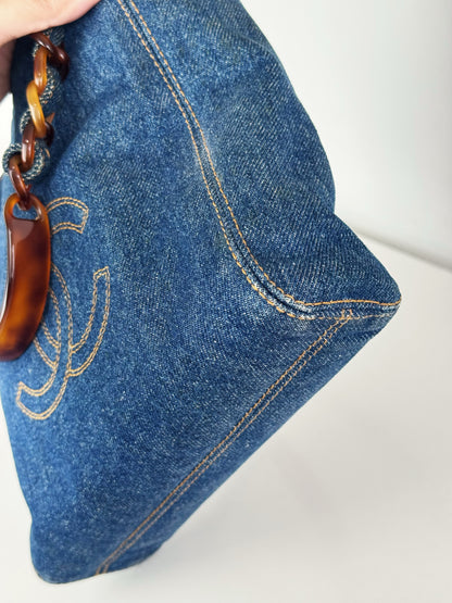 Chanel Vintage Tortoise Shell Plastic Denim Coco Mark Shoulder Tote Bag