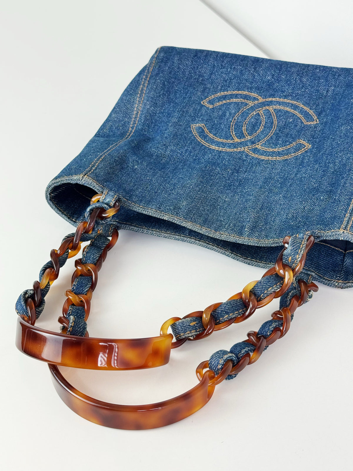 Chanel Vintage Tortoise Shell Plastic Denim Coco Mark Shoulder Tote Bag