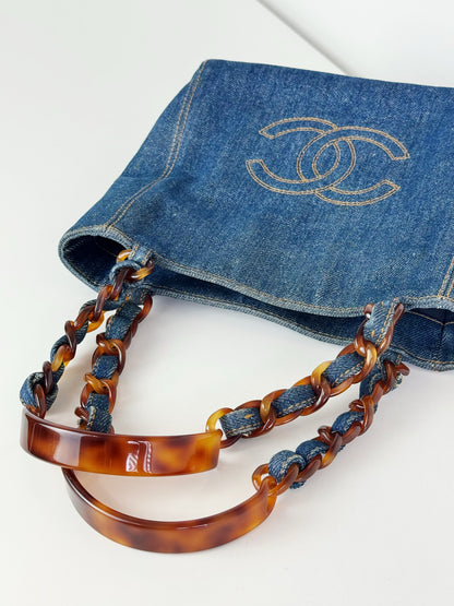 Chanel Vintage Tortoise Shell Plastic Denim Coco Mark Shoulder Tote Bag