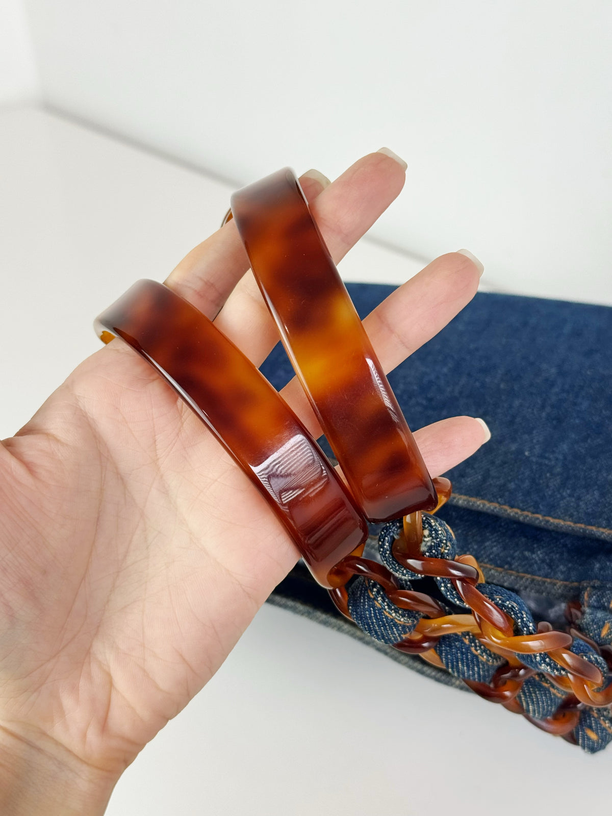Chanel Vintage Tortoise Shell Plastic Denim Coco Mark Shoulder Tote Bag
