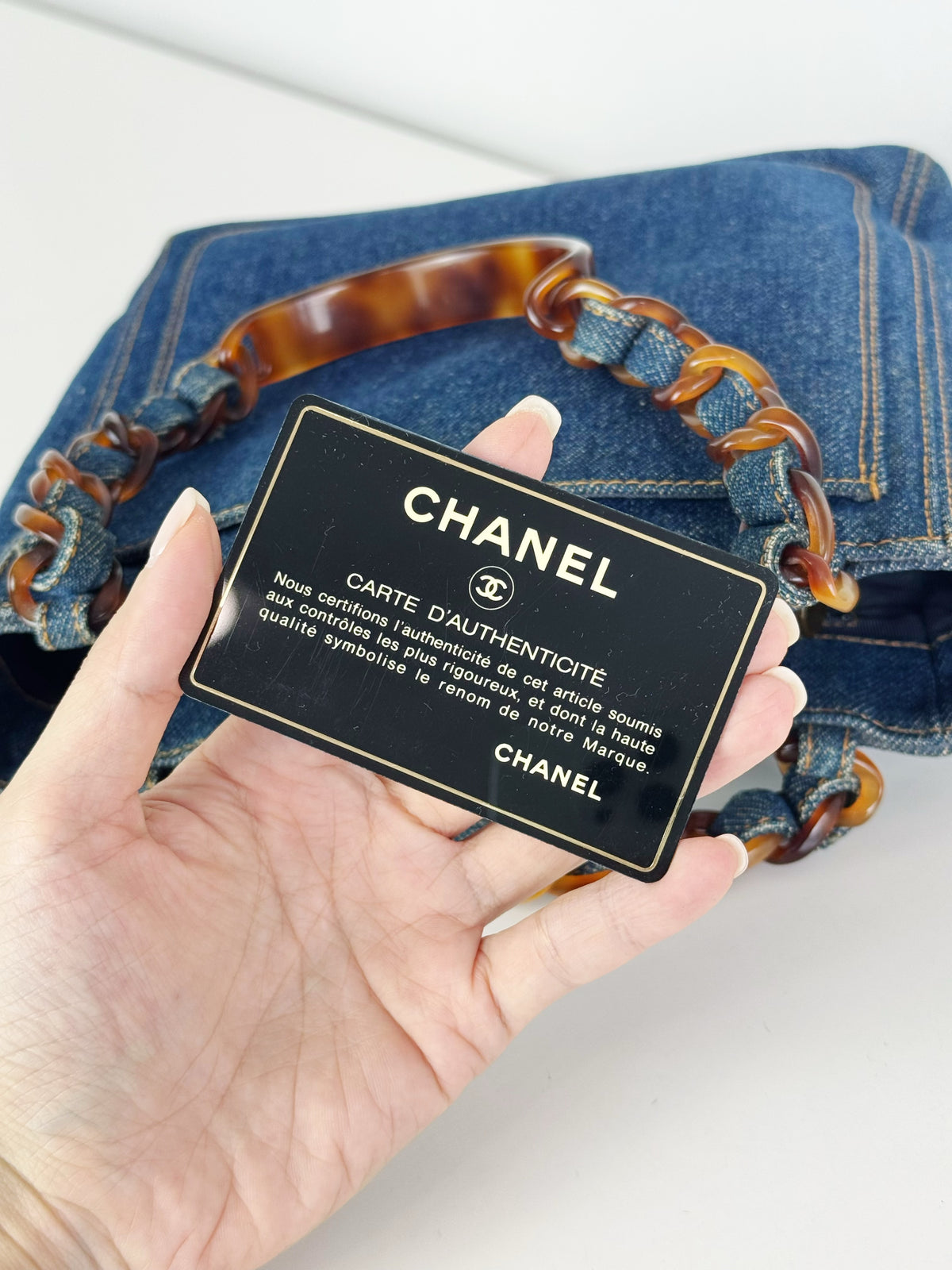 Chanel Vintage Tortoise Shell Plastic Denim Coco Mark Shoulder Tote Bag