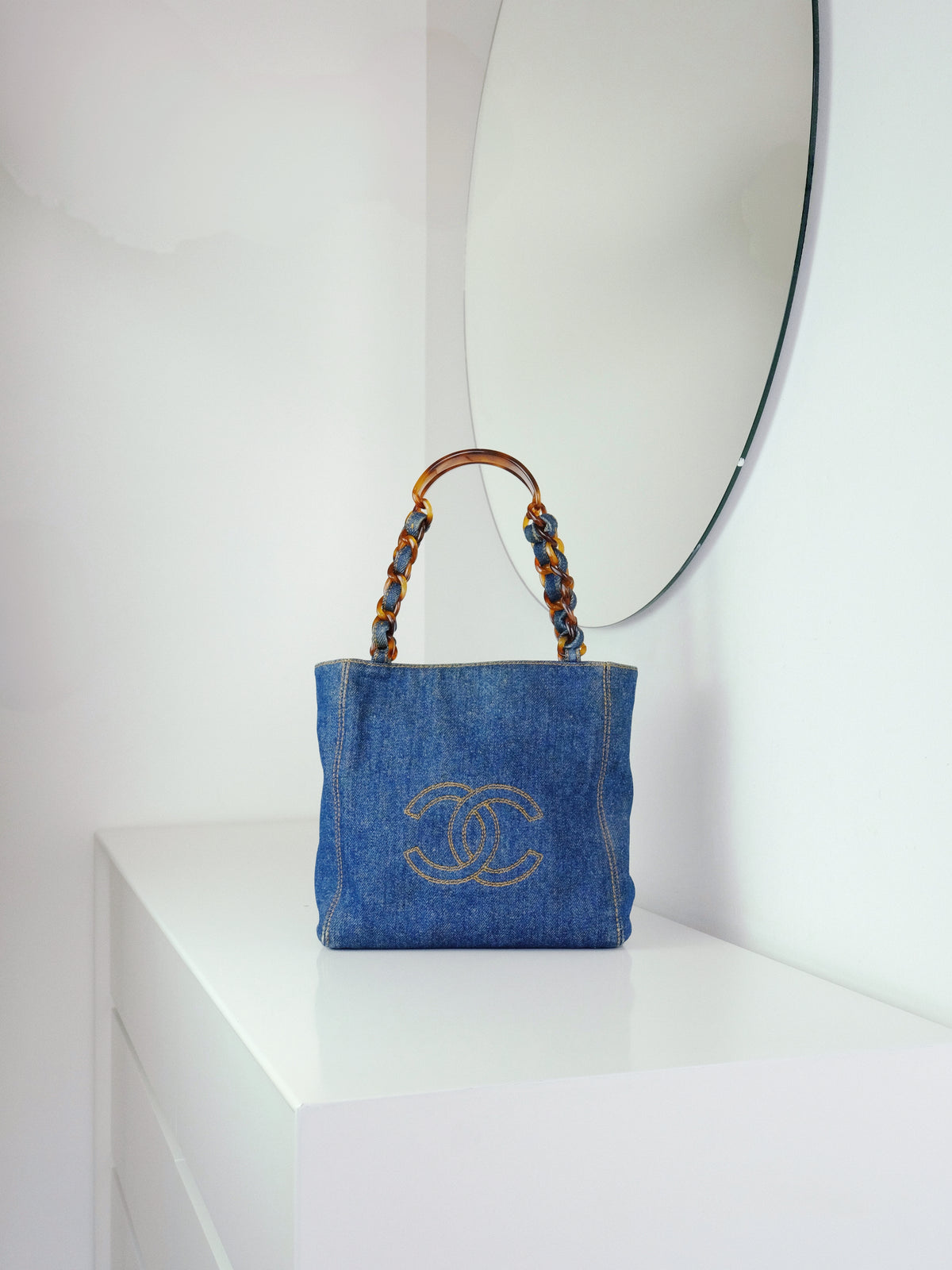 Chanel Vintage Tortoise Shell Plastic Denim Coco Mark Shoulder Tote Bag