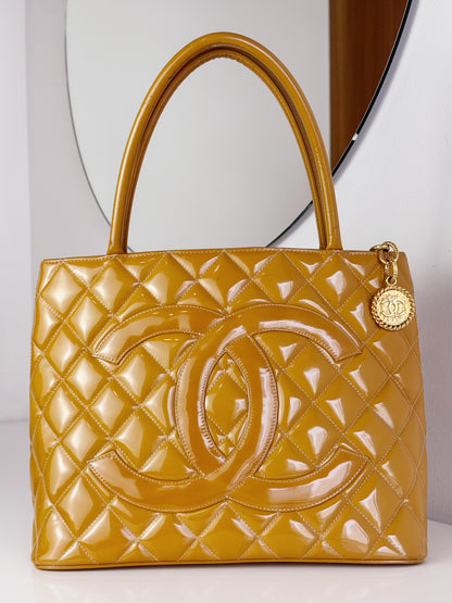 Chanel Vintage Patent Leather Medallion Tote Shoulder Bag